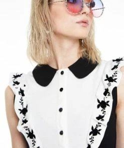 Jawbreaker Button Down Knit Dress With Rose Embroidered On Ruffle -Spooky Threads Button Down Knit Dress With Rose Embroidered On Ruffle Jawbreaker 5 300x