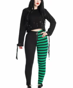 Banned Half Black Half Stripes Leggings -Spooky Threads Half Black Half Stripes Leggings Banned 11 300x