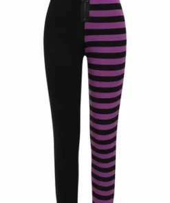 Banned Half Black Half Stripes Leggings -Spooky Threads Half Black Half Stripes Leggings Banned 4 300x