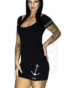 Dr Faust Anchor And Ropes Short Sleeve Black Mini Dress - Nathaly