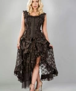 Burleska Athena Overbust Zip Front Corset In Brown Stripe Brocade