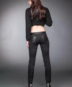 Queen Of Darkness Black Pants With Leather Look Front Side -Spooky Threads black pants with leather look front side queen of darkness 2 300x