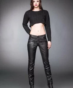 Queen Of Darkness Black Pants With Leather Look Front Side -Spooky Threads black pants with leather look front side queen of darkness 3 300x
