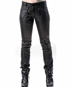Queen Of Darkness Black Pants With Leather Look Front Side -Spooky Threads black pants with leather look front side queen of darkness 4 300x