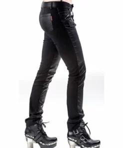 Queen Of Darkness Black Pants With Leather Look Front Side -Spooky Threads black pants with leather look front side queen of darkness 6 300x