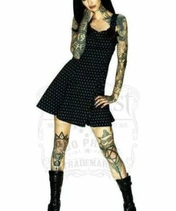 Dr Faust Blue Polka Dots Black Mini Dress - Sophia -Spooky Threads blue polka dots black mini dress sophia dr faust 4 300x
