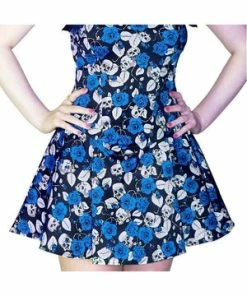 Dr Faust Blue Roses And Skulls Mini Dress - Anika -Spooky Threads blue roses and skulls mini dress anika dr faust 3 300x