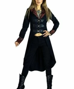 Dr Faust Brocade Red Details Long Black Cotton Coat - Matilda