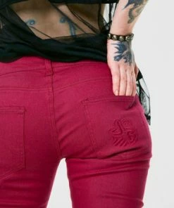 Jawbreaker Burgundy Mono Drainpipe Jeans -Spooky Threads burgundy mono drainpipe jeans jawbreaker 4 300x