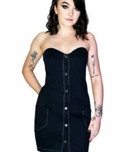 Dr Faust Button-Down Strapless Dark Grey Mini Dress - Allie