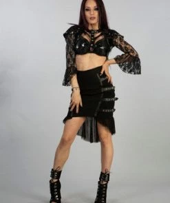 Burleska Cecillia Knee Length Skirt In Black Twill And Fishnet Panels -Spooky Threads cecillia knee length skirt in black twill and fishnet panels burleska 3 300x