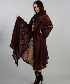 Burleska Cherryl Hooded Cape In Black Lace And Red Mesh Lining -Spooky Threads cherryl hooded cape in black lace and red mesh lining burleska 3 300x