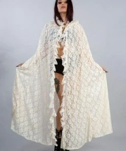 Burleska Cherryl Hooded Cape In Black Lace And Red Mesh Lining -Spooky Threads cherryl hooded cape in black lace and red mesh lining burleska 4 300x