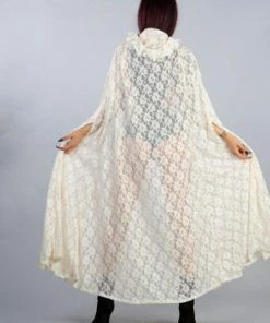 Burleska Cherryl Hooded Cape In Black Lace And Red Mesh Lining -Spooky Threads cherryl hooded cape in black lace and red mesh lining burleska 5 300x