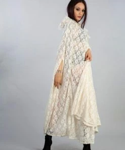 Burleska Cherryl Hooded Cape In Black Lace And Red Mesh Lining -Spooky Threads cherryl hooded cape in black lace and red mesh lining burleska 6 300x