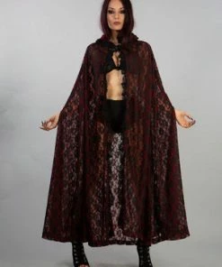 Burleska Cherryl Hooded Cape In Black Lace And Red Mesh Lining