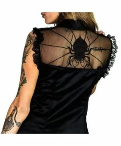 Dr Faust Cute Spider Raw Silk Black Mini Dress - Spinderella -Spooky Threads cute spider raw silk black mini dress spinderella dr faust 3 300x