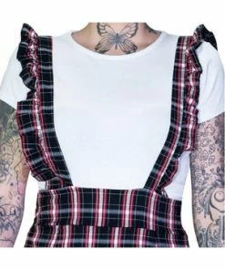 Dr Faust Dark Tartan Checked Pinafore Dress And T-Shirt Set - Romina -Spooky Threads dark tartan checked pinafore dress and t shirt set romina dr faust 3 300x