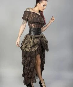 Burleska Elvira Long Gothic Victorian Skirt In Brown Gold Scroll And Coffee Matte -Spooky Threads elvira long gothic victorian skirt in brown gold scroll and coffee matte burleska 3 300x