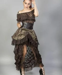Burleska Elvira Long Gothic Victorian Skirt In Brown Gold Scroll And Coffee Matte