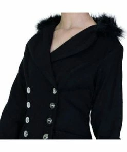 Dr Faust Faux Fur Cuffs Silver Buttons Black Wool Coat - Dominique -Spooky Threads faux fur cuffs silver buttons black wool coat dominique dr faust 2 300x