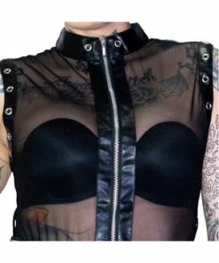 Dr Faust Full Zip Eyelet Trim Black Belt Sheer Mini Dress - Yara -Spooky Threads full zip eyelet trim black belt sheer mini dress yara dr faust 3 300x