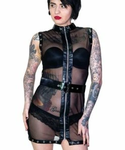 Dr Faust Full Zip Eyelet Trim Black Belt Sheer Mini Dress - Yara