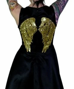 Dr Faust Gold Sequin Wings Black Silk Mini Dress - Hope 6 Dr Faust Gold Sequin Wings Black Silk Mini Dress - Hope -Spooky Threads gold sequin wings black silk mini dress hope dr faust 2 300x