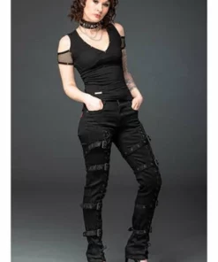 Queen Of Darkness Gothic Pants With Lacing And Buckles -Spooky Threads gothic pants with lacing and buckles queen of darkness 4 300x