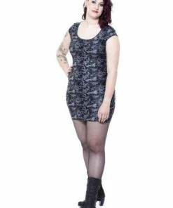 Queen Of Darkness Grey Dress With Skulls & Roses Pattern -Spooky Threads grey dress with skulls roses pattern queen of darkness 4 300x