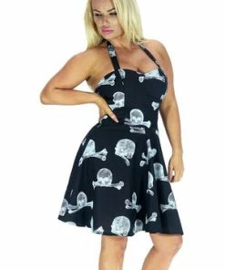 Dr Faust Grey Skull And Bones Halterneck Black Mini Dress - Zia