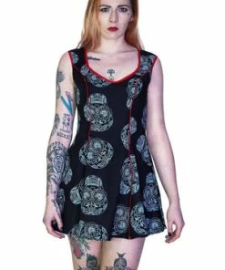 Dr Faust Grey Sugar Skulls Black Mini Dress - Calavera -Spooky Threads grey sugar skulls black mini dress calavera dr faust 4 300x