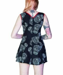 Dr Faust Grey Sugar Skulls Black Mini Dress - Calavera -Spooky Threads grey sugar skulls black mini dress calavera dr faust 5 300x