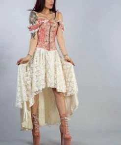 Burleska Gypsy High Low Victorian Corset Dress In Coral Cream Jacquard -Spooky Threads gypsy high low victorian corset dress in coral cream jacquard burleska 3 300x