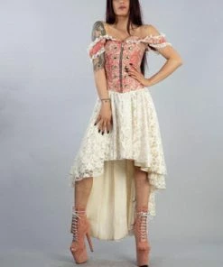 Burleska Gypsy High Low Victorian Corset Dress In Coral Cream Jacquard
