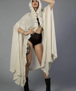 Burleska Hooded Gothic Victorian Cape In Cream Chiffon