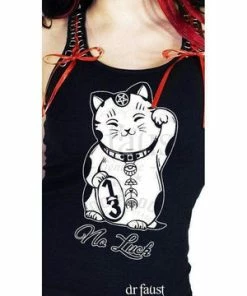 Dr Faust Japanese Out Of Luck Cat Women's Black Vest - Erika -Spooky Threads japanese out of luck cat womens black vest erika dr faust 2 300x