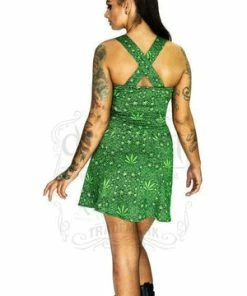 Dr Faust Marijuana Leaf Green Mini Dress - Stella -Spooky Threads marijuana leaf green mini dress stella dr faust 2 300x