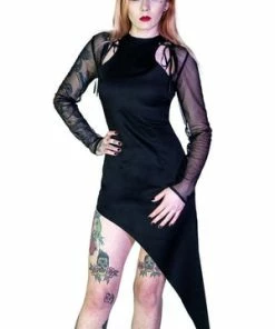 Dr Faust Mesh Sleeve Asymmetrical Hem Bodycon Black Mini Dress - Dana