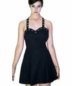 Dr Faust Metallic Eyelets Black Halterneck Mini Dress - Maisie