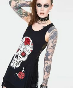 Jawbreaker Mexican Skull And Roses Longline Sleeveless Top With Back Mesh -Spooky Threads mexican skull and roses longline sleevles top with back mesh tpa 2520 01.1146 300x