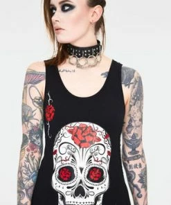 Jawbreaker Mexican Skull And Roses Longline Sleeveless Top With Back Mesh -Spooky Threads mexican skull and roses longline sleevles top with back mesh tpa 2520 02.1146 300x
