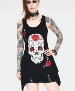 Jawbreaker Mexican Skull And Roses Longline Sleeveless Top With Back Mesh
