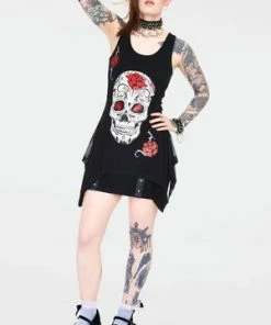 Jawbreaker Mexican Skull And Roses Longline Sleeveless Top With Back Mesh -Spooky Threads mexican skull and roses longline sleevles top with back mesh tpa 2520 04.1146 300x