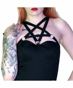Dr Faust O-Ring Pentagram Strap Black Mini Dress - Rita -Spooky Threads o ring pentagram strap black mini dress rita dr faust 3 300x