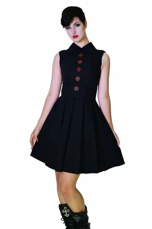 Dr Faust Occult Red Metal Wiccan Star Buttons Black Midi Dress - Martha 3 Dr Faust Occult Red Metal Wiccan Star Buttons Black Midi Dress - Martha