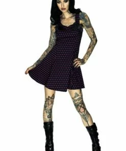 Dr Faust Pink Polka Dots Black Mini Dress - Kathy