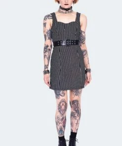 Jawbreaker Pinstripe Bodycre Dress With Waist Belt -Spooky Threads pinstripe bodycre dress with waist belt dra 9563 01.1444 300x