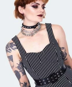Jawbreaker Pinstripe Bodycre Dress With Waist Belt -Spooky Threads pinstripe bodycre dress with waist belt dra 9563 03.1444 300x