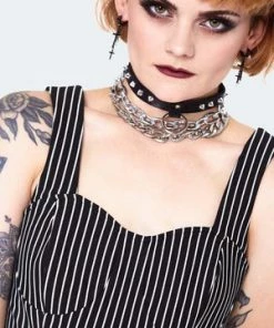 Jawbreaker Pinstripe Bodycre Dress With Waist Belt -Spooky Threads pinstripe bodycre dress with waist belt dra 9563 04.1444 300x